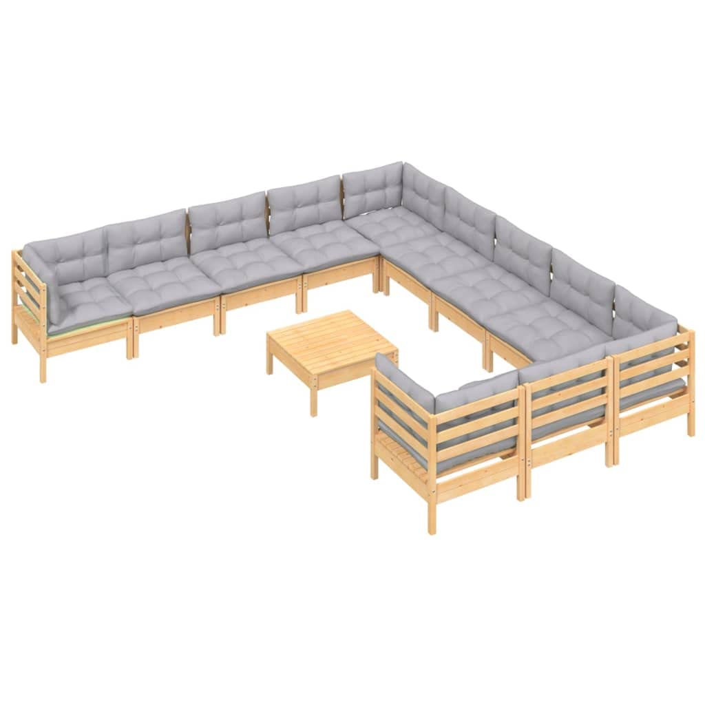 vidaXL Patio Lounge Set - 12 Piece Outdoor Furniture with Comfortable Gray Cushions, Custom Configurations, Solid Pinewood Construction - for Yard, Garden, Veranda