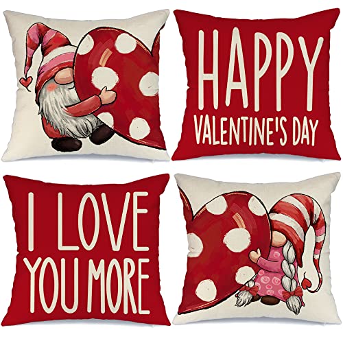 Valentines Day Pillow Covers 20X20 Set Of 4 Valentines Day Decor For Home Red Polka Dots Love Heart Gnomes Happy Valentine Pillo