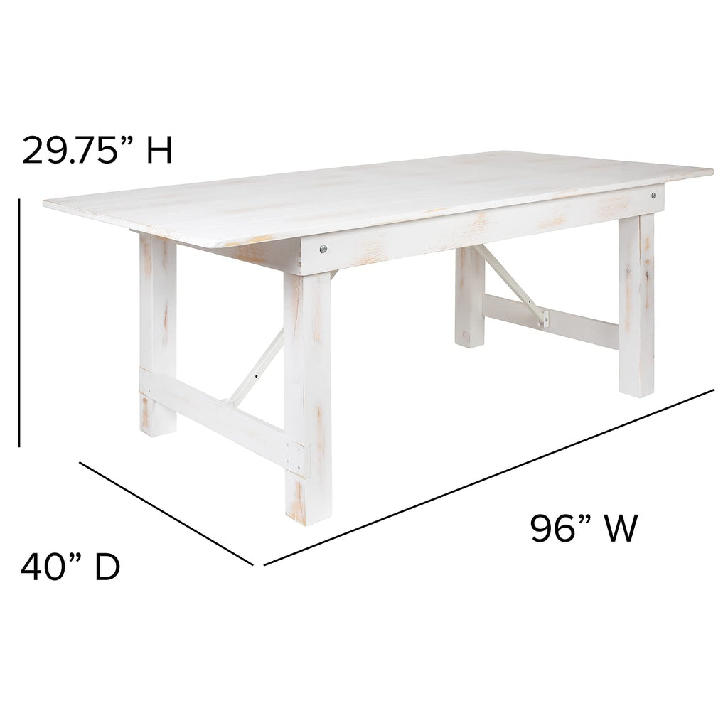 Flash Furniture Hercules Series 8' X 40" Antique Rustic White Folding Farm Table And Four 40.25"L Bench Set