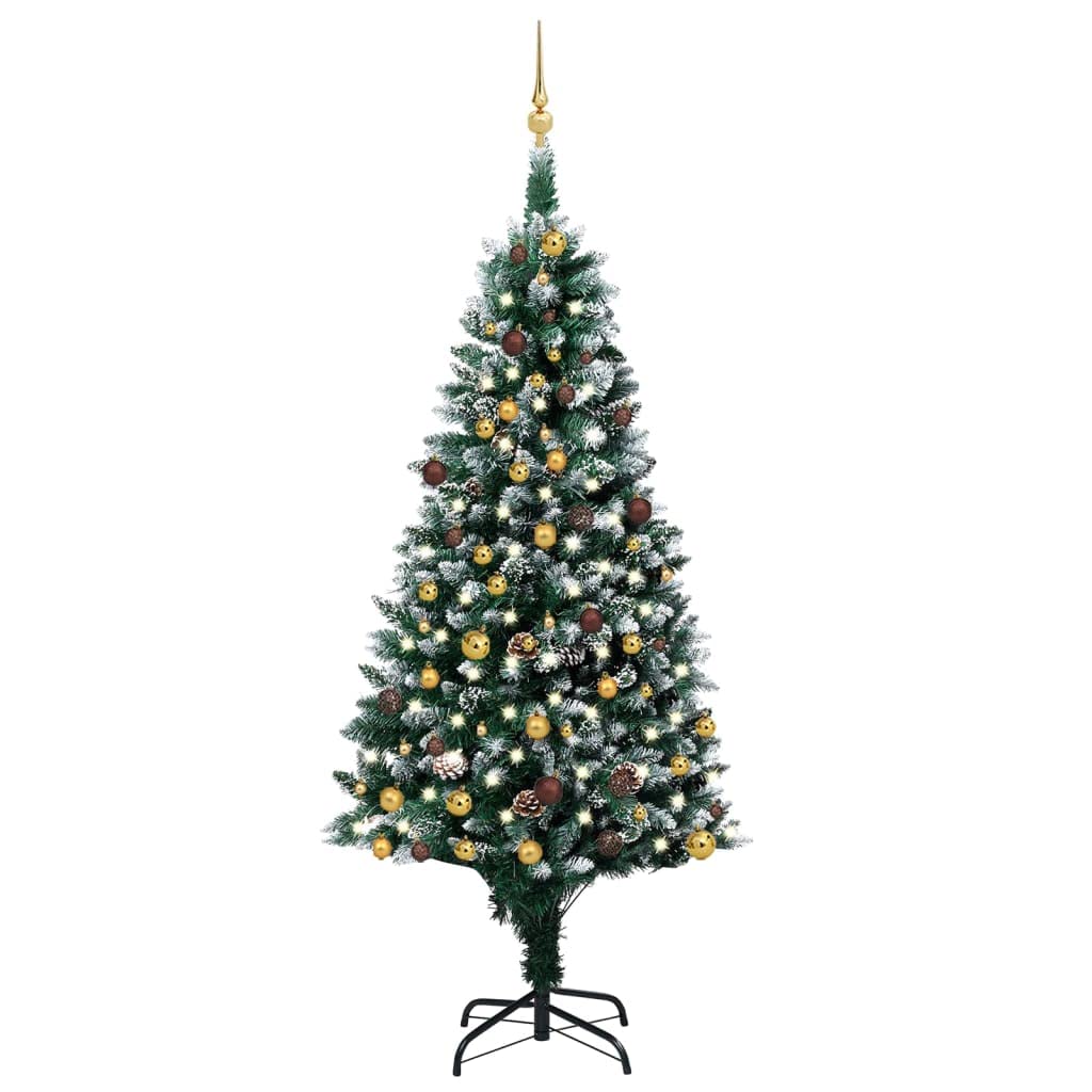 vidaXL Artificial Christmas Tree with LEDs, Ball Set, Pinecones - Green & White, 82.7&quot; Height, PVC, Steel, Plastic Construction with Metal Base, Indoor Celebratory Decor