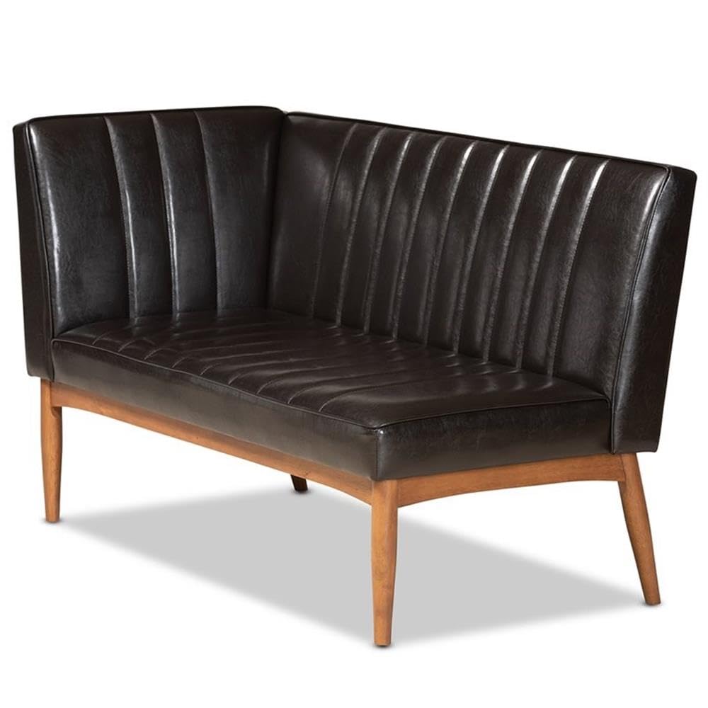 Baxton Studio Daymond Mid-Century Modern Dark Brown Faux Leather Upholstered and Walnut Brown Finished Wood 2-Piece Dining Nook Banquette Set