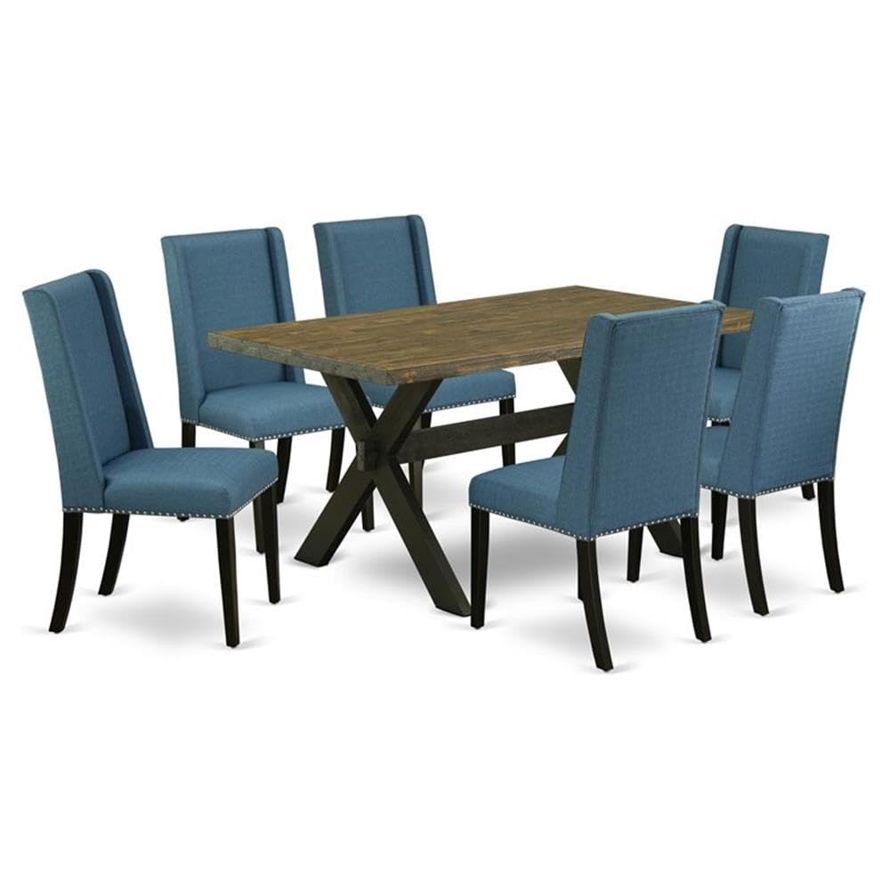 East West Furniture X676Fl121-7 7 Piece Dining Room Furniture Set Consist Of A Rectangle Dining Table With X-Legs And 6 Blue Linen Fabric Upholstered Chairs, 36X60 Inch, Multi-Color