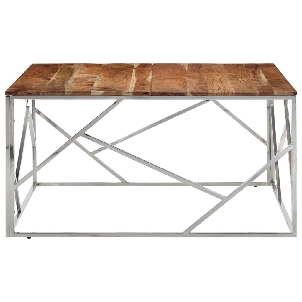 vidaXL Acacia Wood & Stainless Steel Coffee Table - Silver Frame, 39.4x39.4x19.7, Square, Modern Living Room Centerpiece, Solid Wood Top, Easy Clean