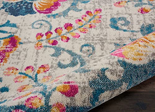 HomeRoots 100% Polypropylene 7’ x 10’ Ivory and Blue Floral Vines Area Rug