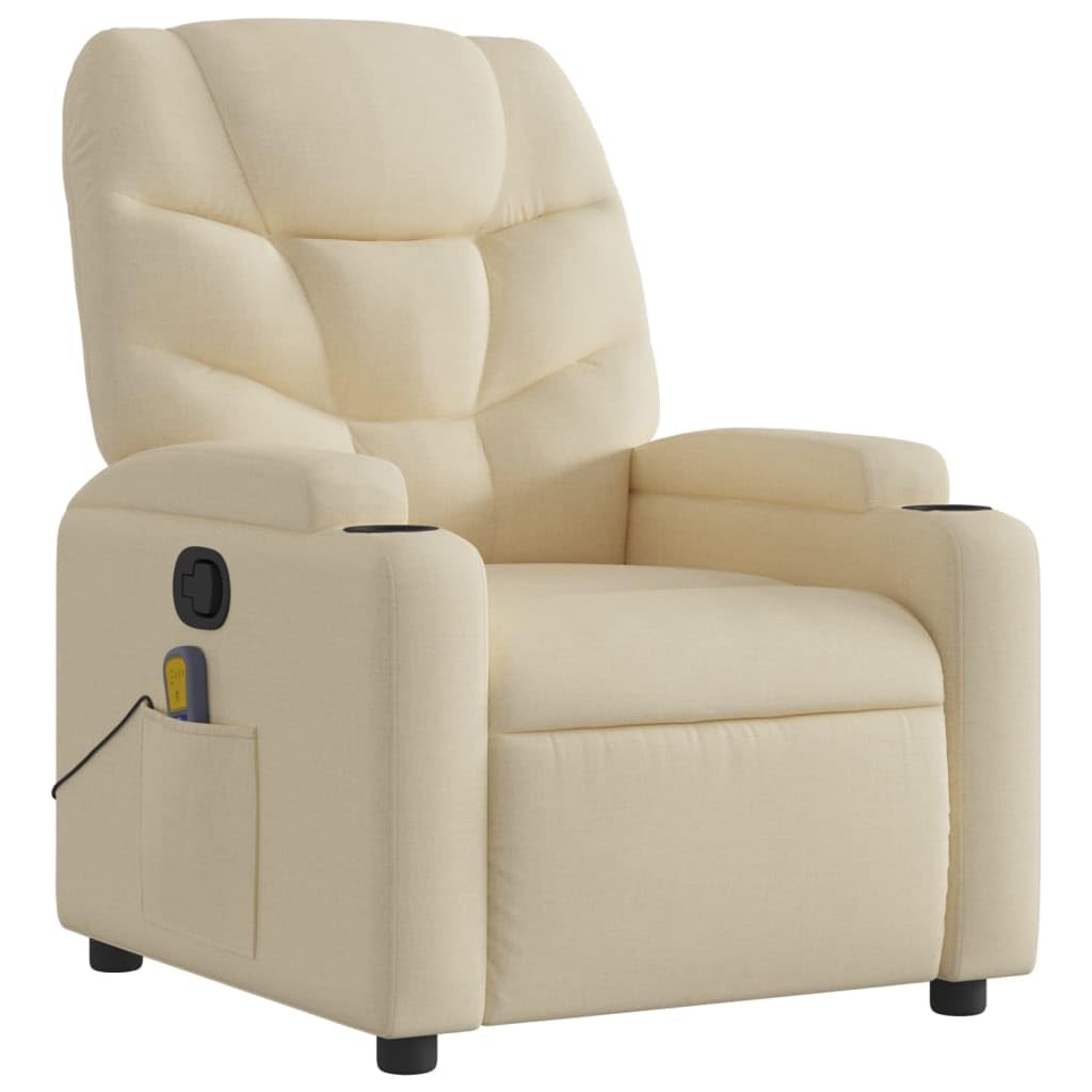 vidaXL Massage Recliner Chair - Cream Fabric, 6-Point Vibration, Manual Handle, Cup Holders - Living Room Lounge Seating