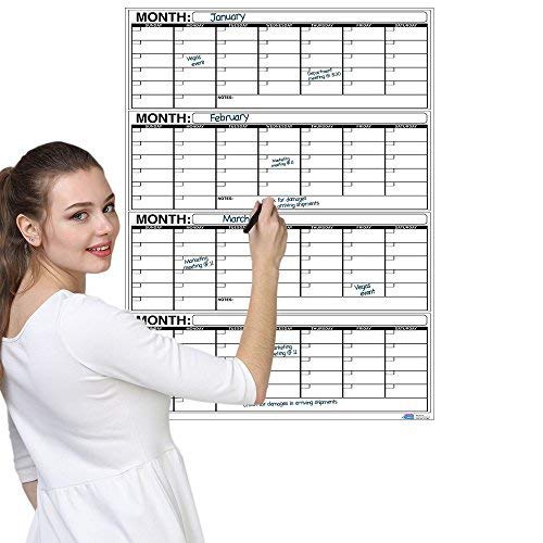 Business Basics Extra Large Dry Erase Vertical 4 Month 24' X 36' In Wall Calendar Laminated Dry Or Wet Erase Print Squares To