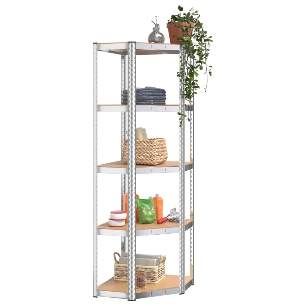 Vidaxl Corner Shelf Unit, 5-Layer Storage Solution, Durable Silver Galvanized Steel And Engineered Wood, Versatile Industrial Style, For Home Or Office