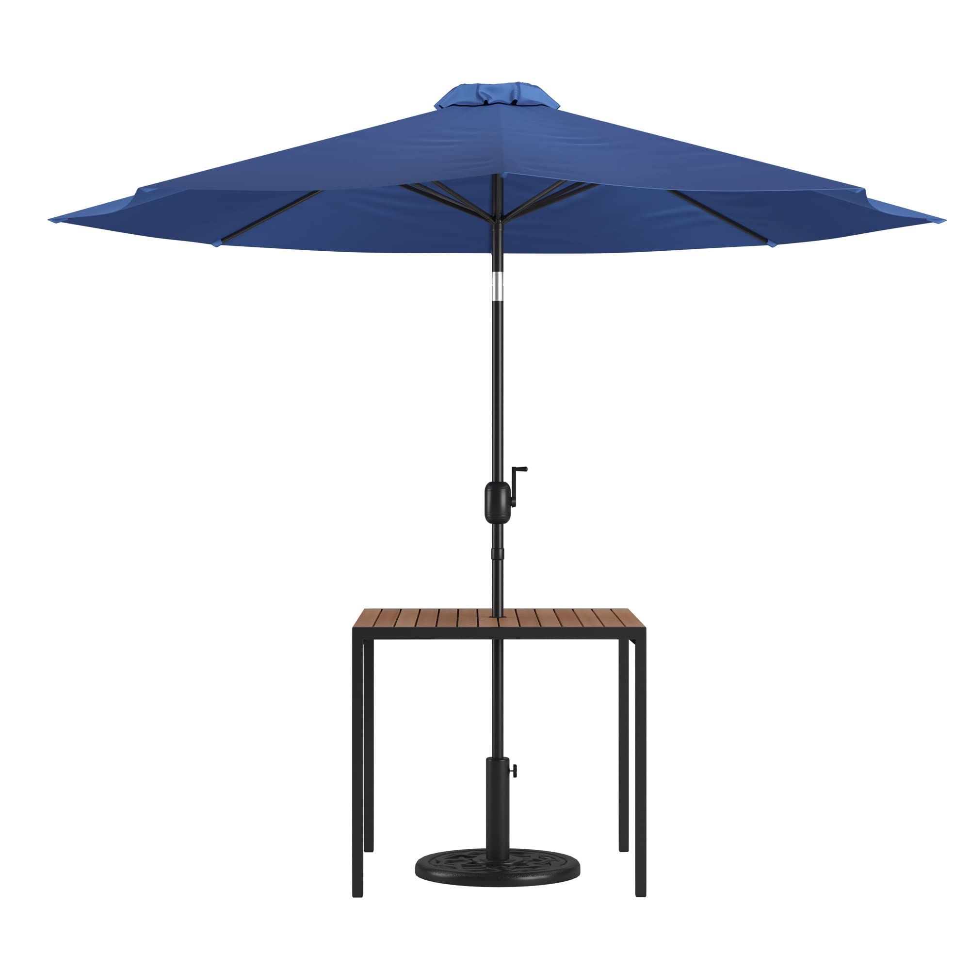 Flash Furniture Lark 3 Piece Outdoor Patio Table Set - Natural Faux Teak Dining Table - 35&quot; Square Synthetic Teak Table with Umbrella Hole - Navy Umbrella with Base