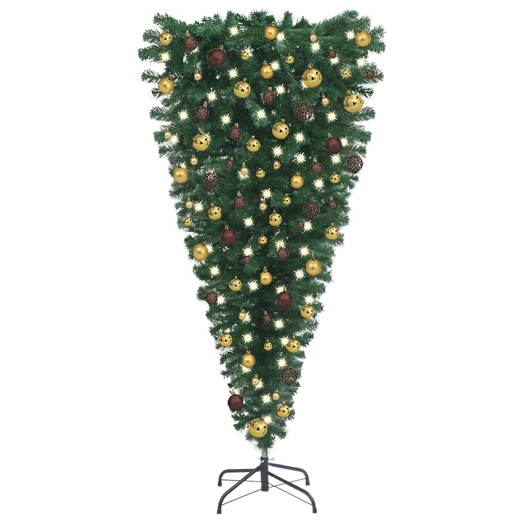 Vidaxl Upside-Down Artificial Christmas Tree With Adjustable Branches And Led Lights, Complete With Gold & Bronze Ball Set, Usb Connector, Economical And Reusable - 94.5&quot; - Green Gold.