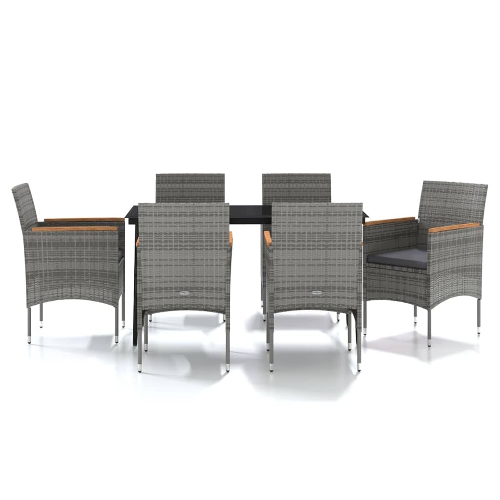 vidaXL 7 Piece Patio Dining Set - Gray & Black Garden Chairs, Table with Cushions, Steel Frame, PE Rattan, Glass Top, Outdoor Furniture