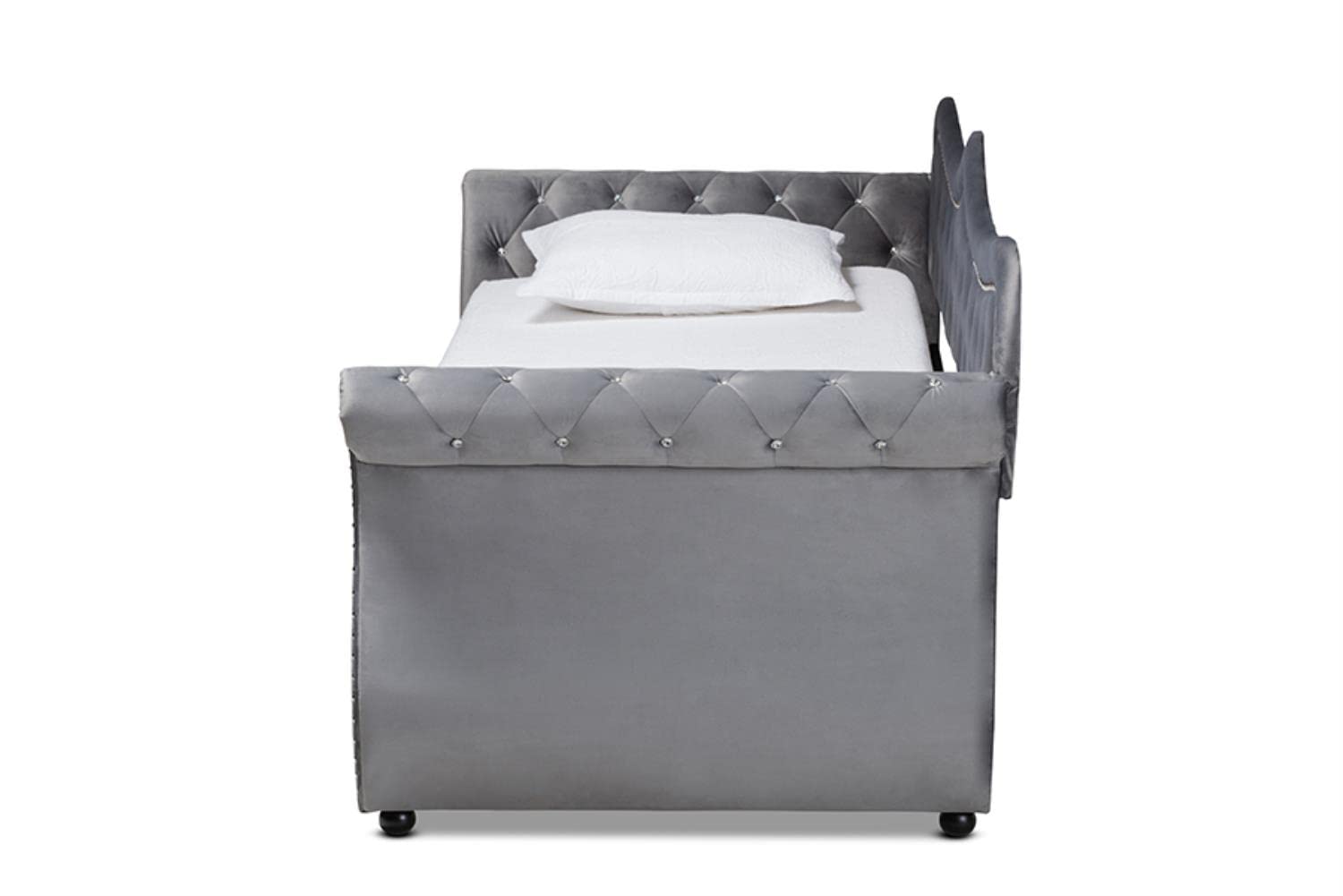 Baxton Studio Abbie Traditional and Transitional Grey Velvet Fabric Upholstered and Crystal Tufted Twin Size Daybed with Trundle