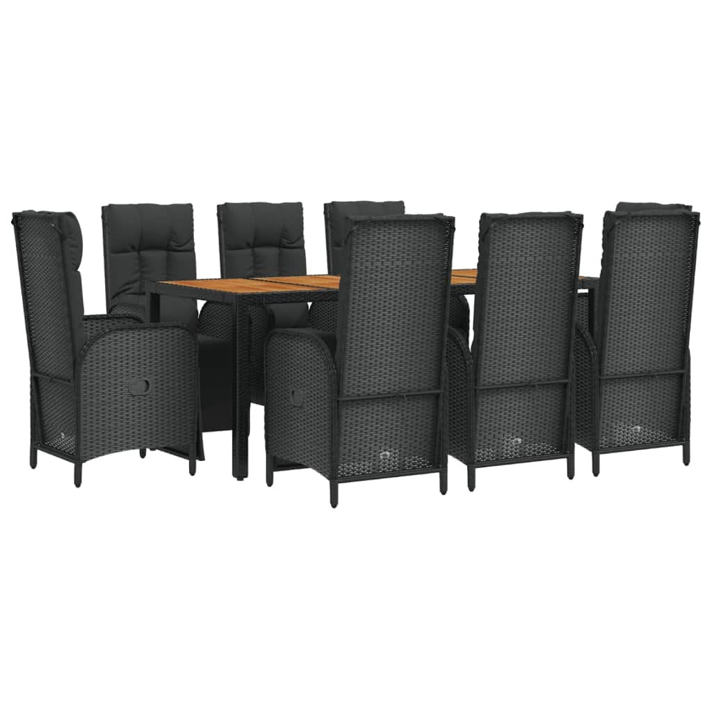 Vidaxl 9-Piece Patio Dining Set - Black Poly Rattan, Reclining Chairs, Acacia Wood Tabletop