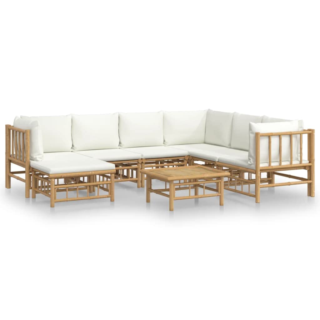 vidaXL 8-Piece Bamboo Patio Lounge Set with Cream White Cushions - Comfortable Outdoor Seating with Functional Table and Footsto