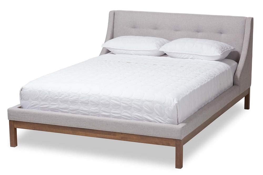 Baxton Studio Louvain Modern and Contemporary Greyish Beige Fabric Upholstered Walnut-Finished Full Sized Platform Bed