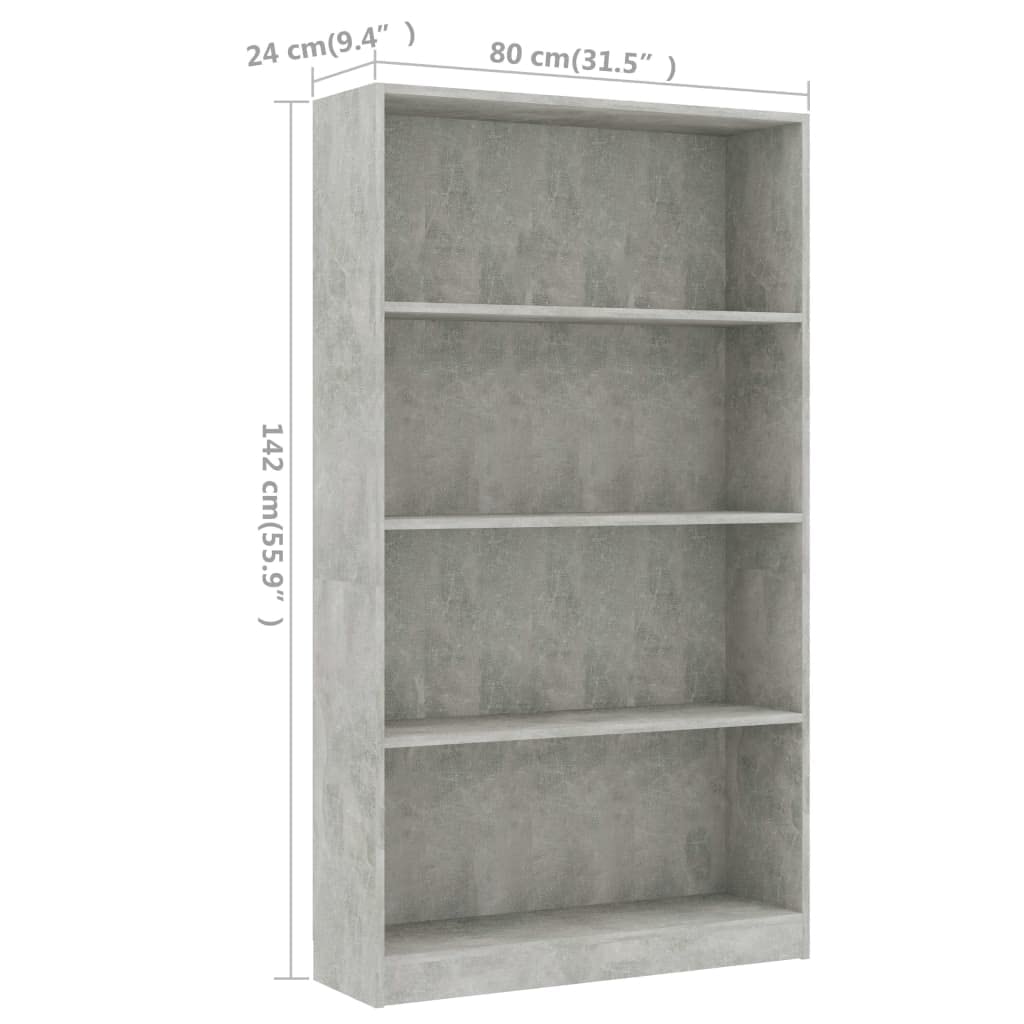 vidaXL 4-Tier Engineered Wood Book Cabinet - Concrete Gray - Functional Storage Solution for Books, DVDs, and Decorative Items