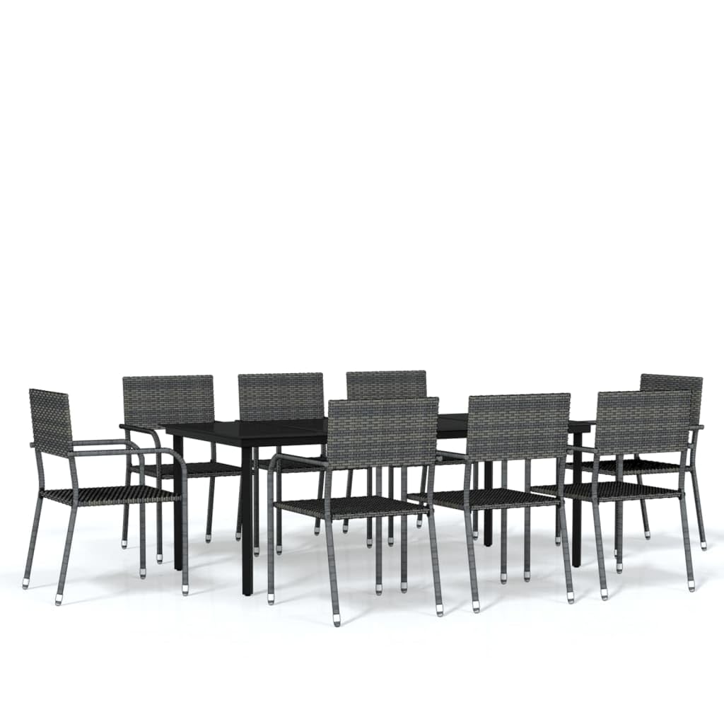 vidaXL 9-Piece Patio Dining Set - Garden/Outdoor Rectangular Table with Glass Top & 8 PE Rattan Stackable Chairs in Gray