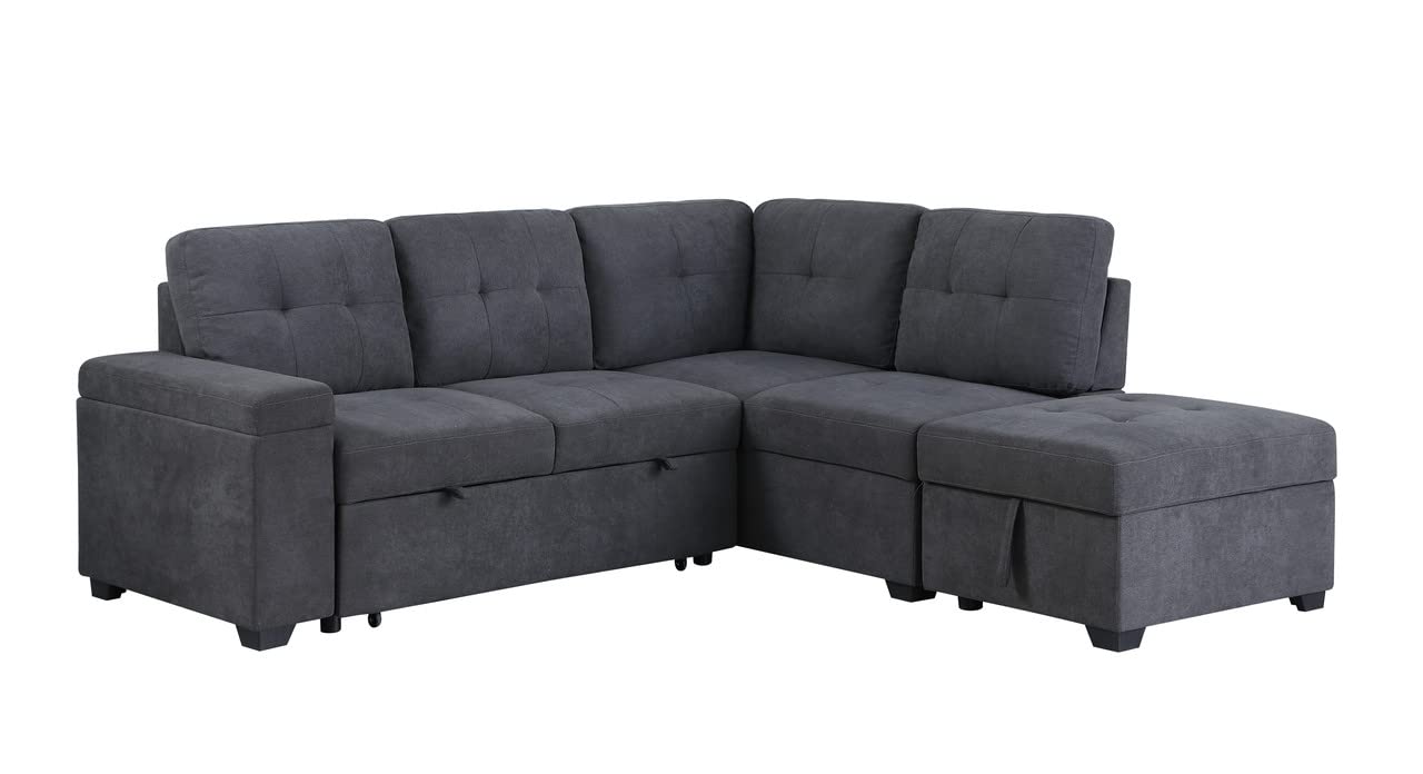 Lilola Home Sadie Dark Gray Woven Fabric Sleeper Sectional Sofa with Storage Ottoman, Storage Arm