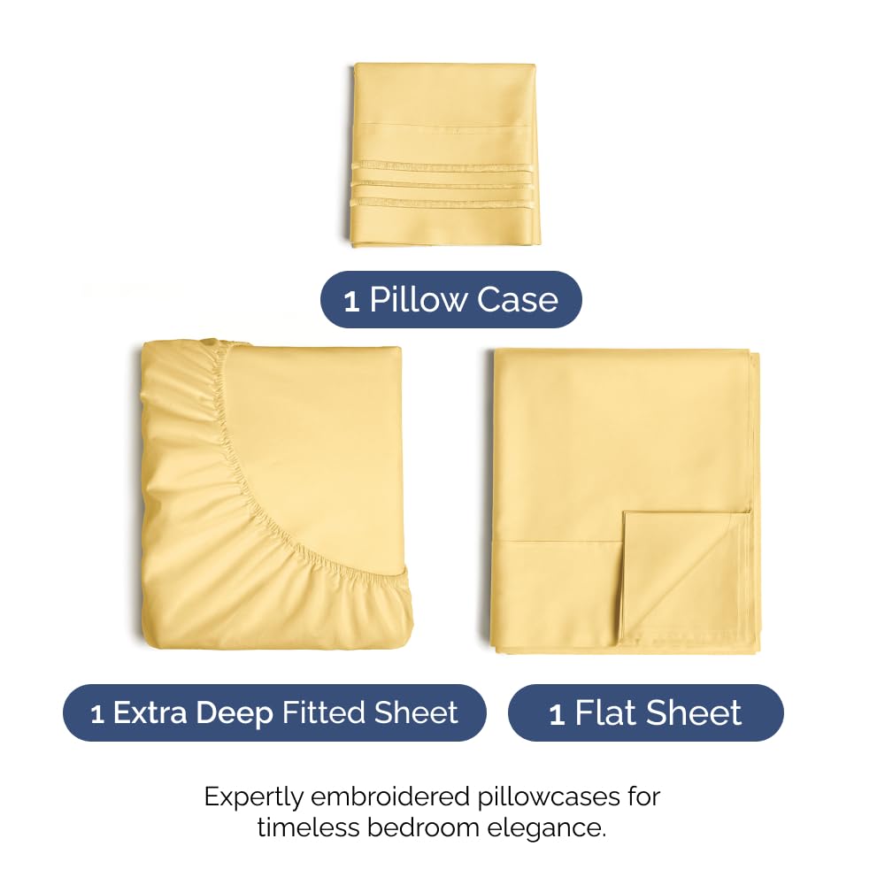 Extra Deep Pocket Twin Xl Sheets - 3 Piece Breathable & Cooling Bed Sheets - Hotel Luxury Bed Sheet Set - Soft, Wrinkle Free & Comfy - Easily Fits Extra Deep Mattresses - Deep Pocket Yellow Sheets Set