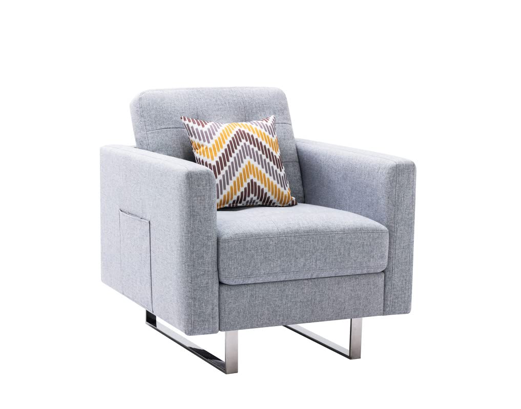 Lilola Home Victoria Light Gray Linen Fabric Armchair with Metal Legs, Side Pockets, and Pillow