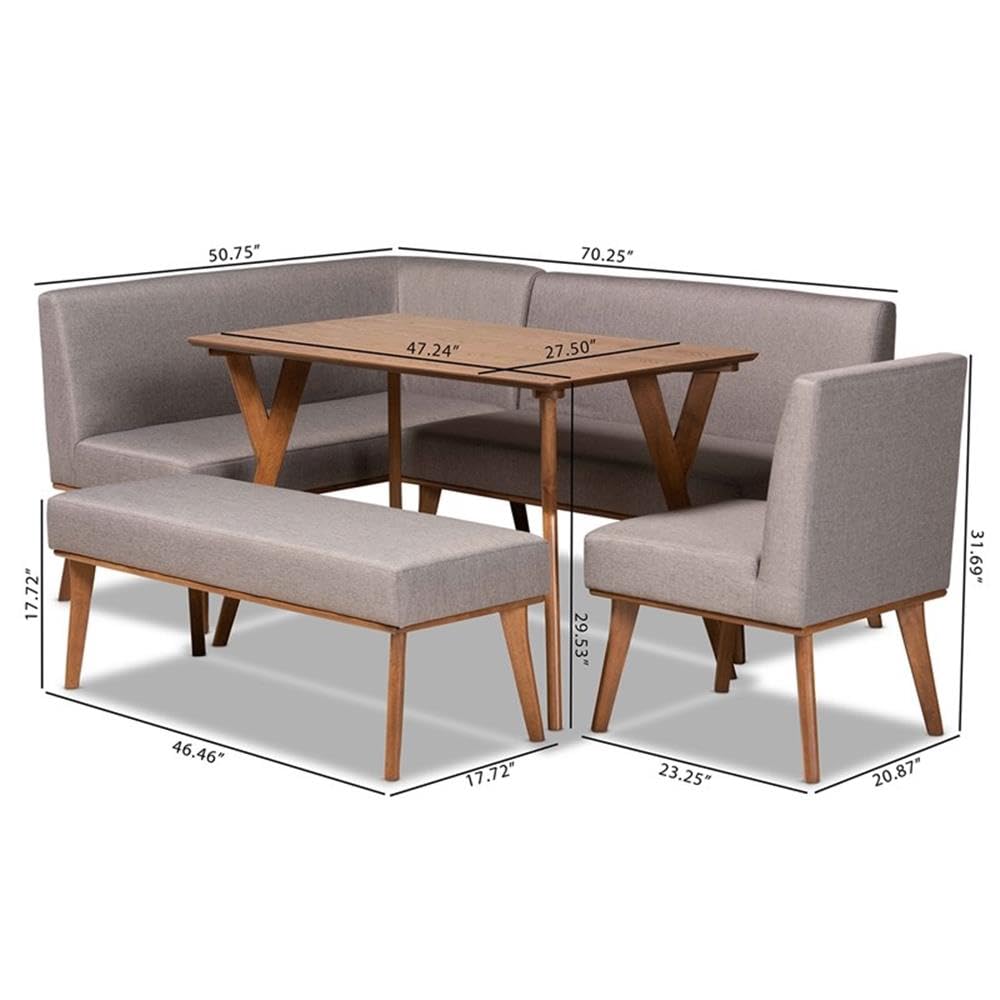 Baxton Studio Odessa Mid-Century Modern Grey Fabric Upholstered and Walnut Brown Finished Wood 5-Piece Dining Nook Set