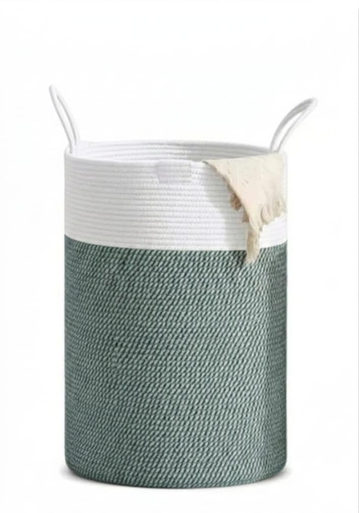 Woven Cotton Rope Laundry Basket 38x43 cm Green White Large Hamper