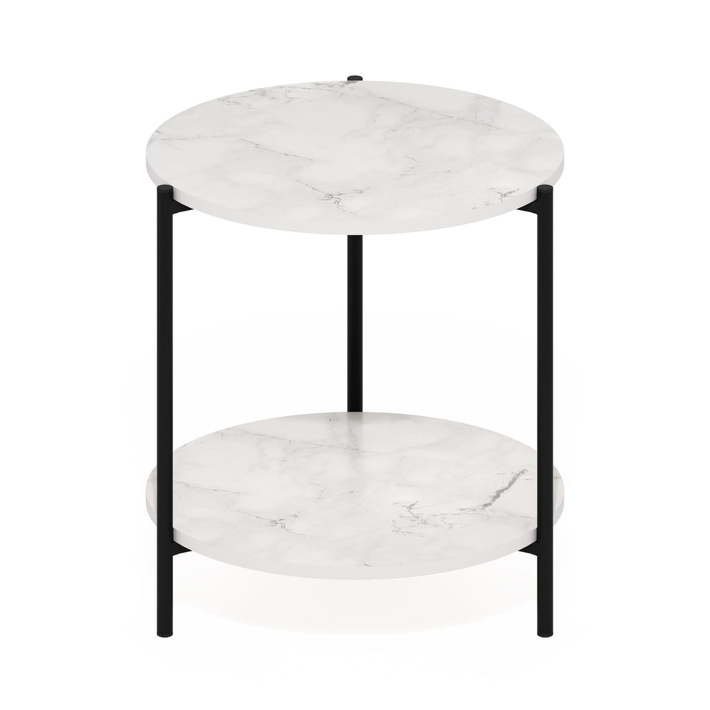 Furinno Besi 2-Tier Modern Round Side End Table With Sturdy Metal Legs, 15.55 (W) X 10.58 (H) X 5.46 (D) Inches, Marble White