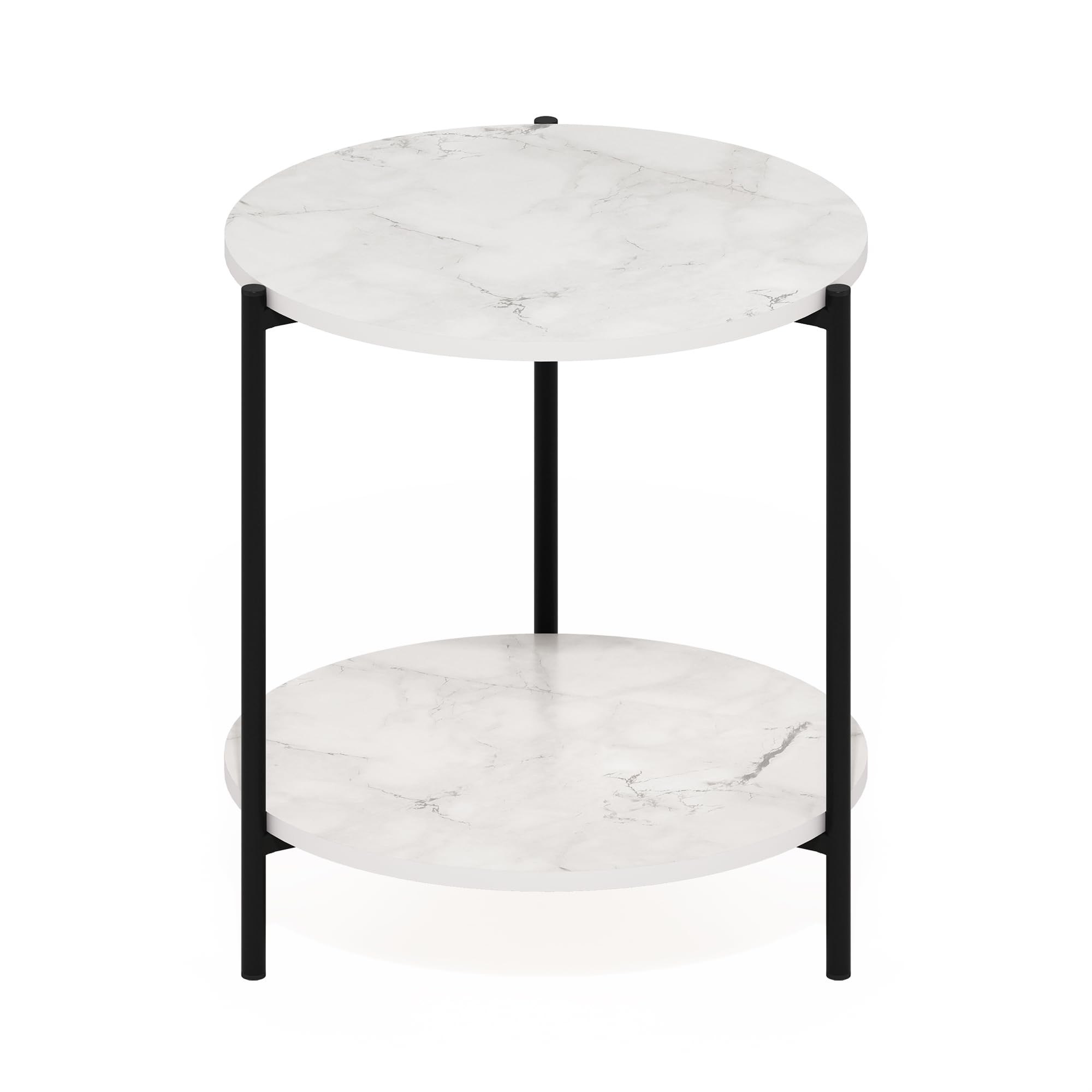 Furinno Besi 2-Tier Modern Round Side End Table With Sturdy Metal Legs, 15.55 (W) X 10.58 (H) X 5.46 (D) Inches, Marble White