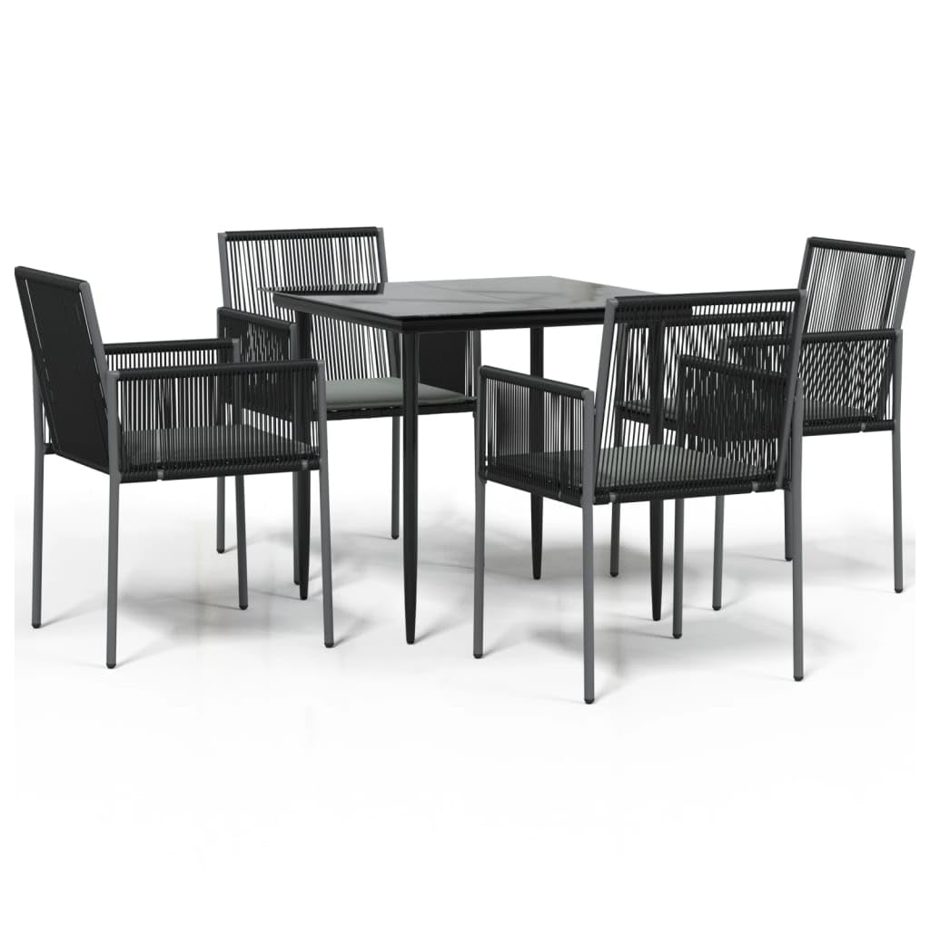 vidaXL- 5 Piece Patio Dining Set in Black Poly Rattan and Steel with Cushions, Tempered Glass Tabletop and Comfortable Outdoor Chairs