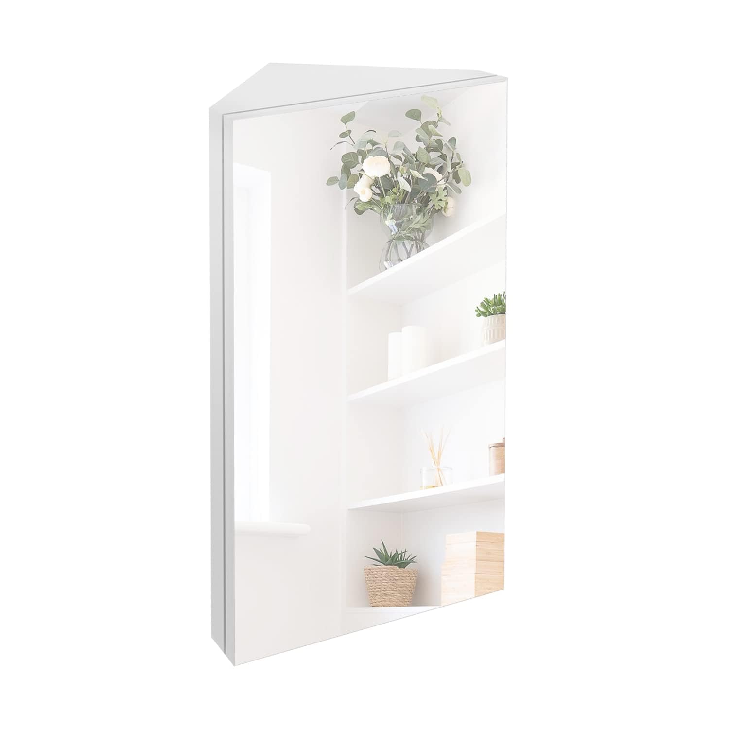 eclife 24  Bathroom Corner Medicine Cabinet W/Mirror, Single Door Bathroom White Wall Mount Mirror Cabinet, Hanging Triple Shelf