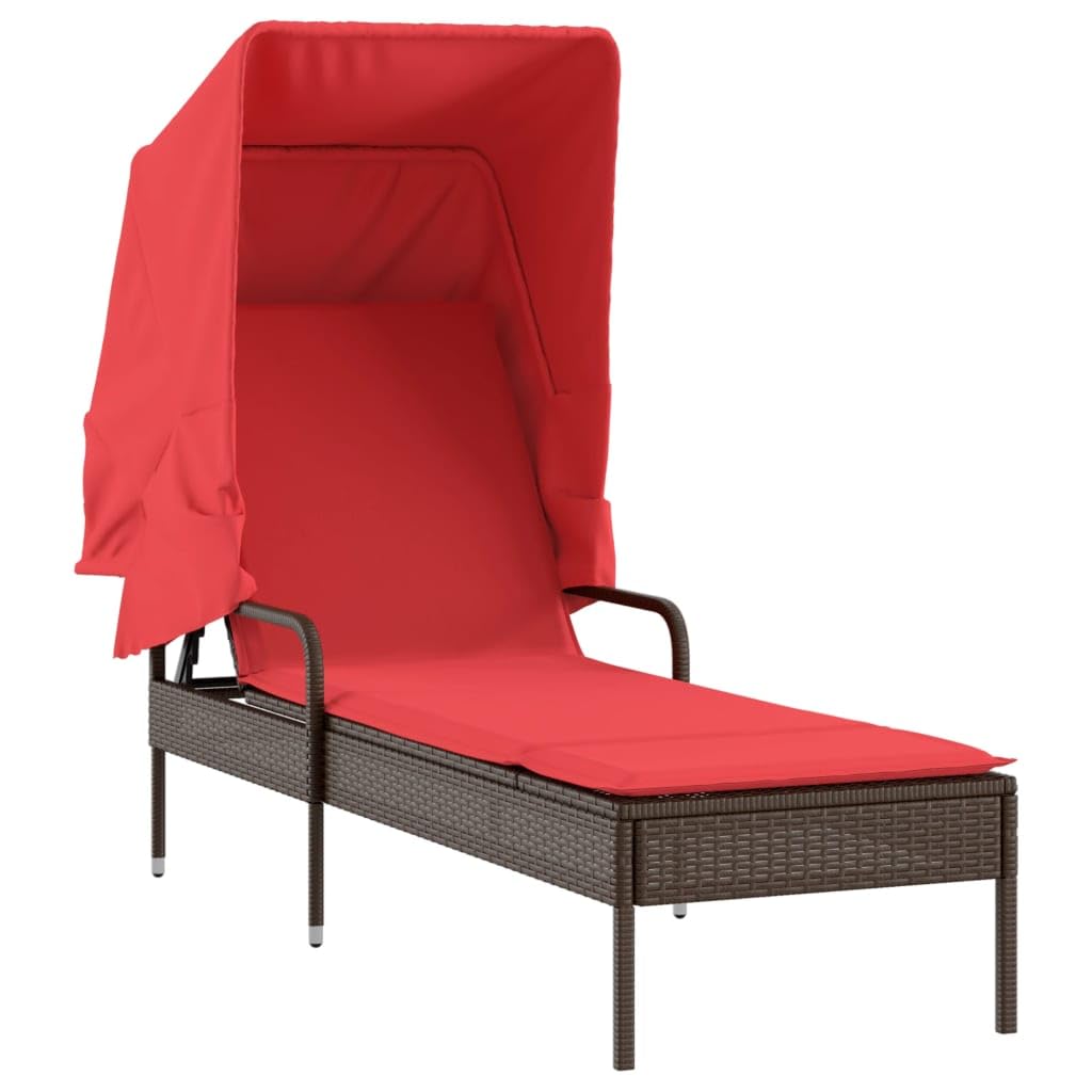 vidaXL Sun Loungers with Canopies and Table - Adjustable PE Rattan Patio Furniture Set - Brown/Red, Outdoor Lounges/Seats