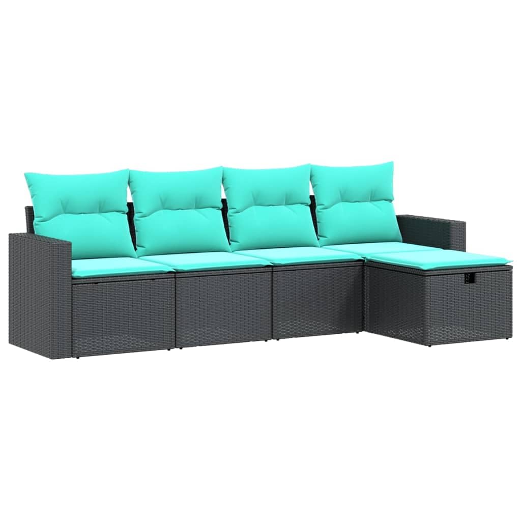 vidaXL Black 5 Piece Patio Sofa Set - All Weather PE Rattan Outdoor Furniture with Cushions for Garden, Terrace, and Backyard