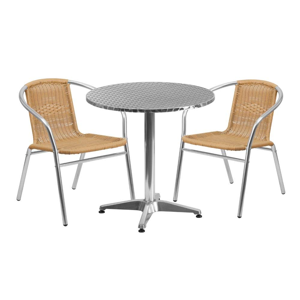 Flash Furniture 27.5'' Round Aluminum Indoor-Outdoor Table Set With 2 Beige Rattan Chairs