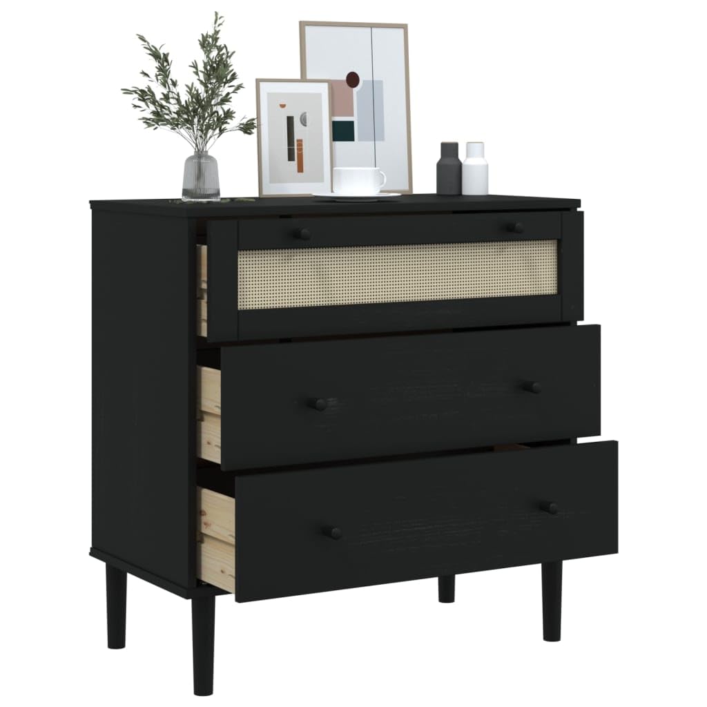vidaXL SENJA Drawer Cabinet Black - Solid Pine Wood Construction, UV Varnished Finish, Three Drawers, Handcrafted Poly Rattan Top Drawer, Sturdy Top for Decorations
