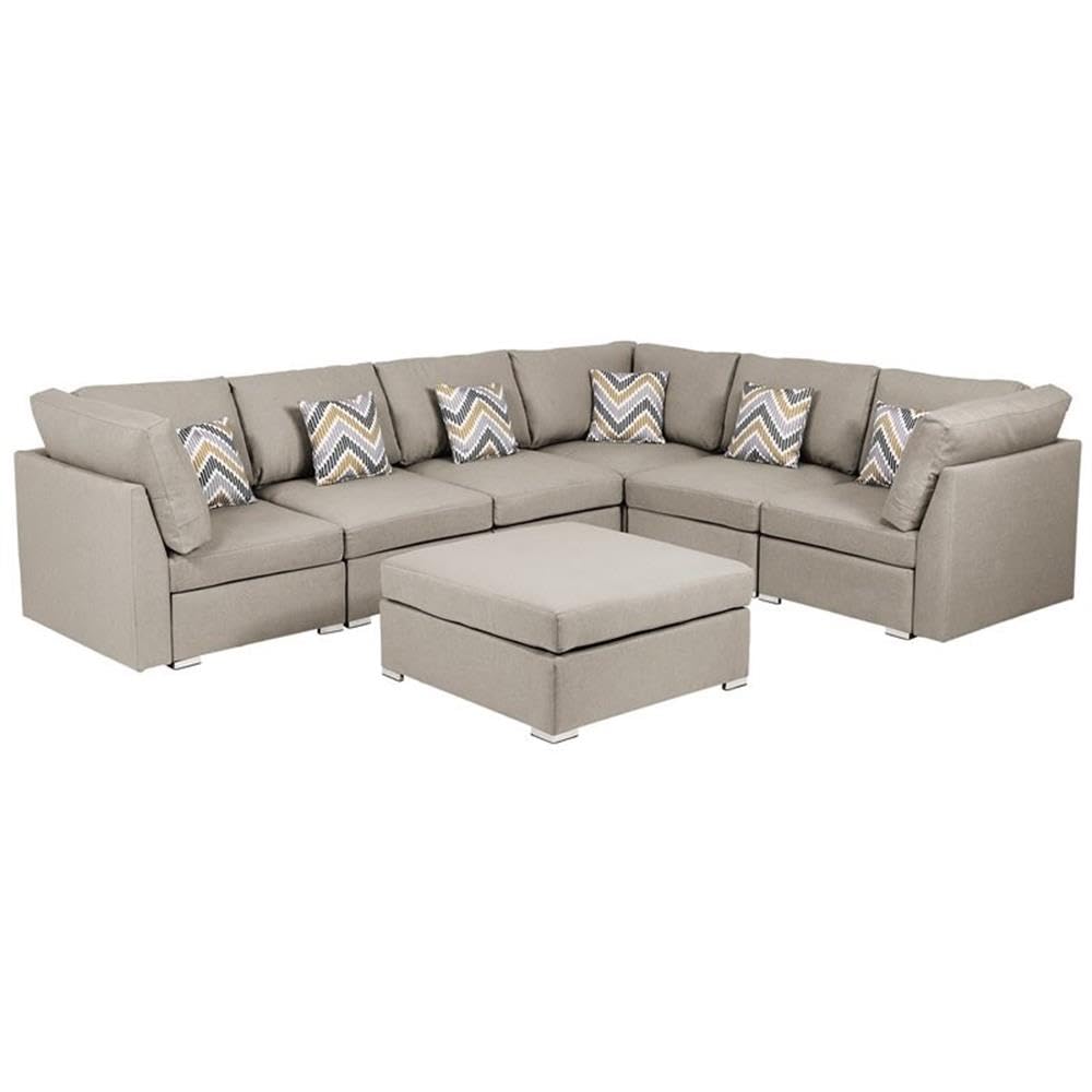 Lilola Home Amira Beige Fabric Reversible Modular Sectional Sofa with Ottoman and Pillows