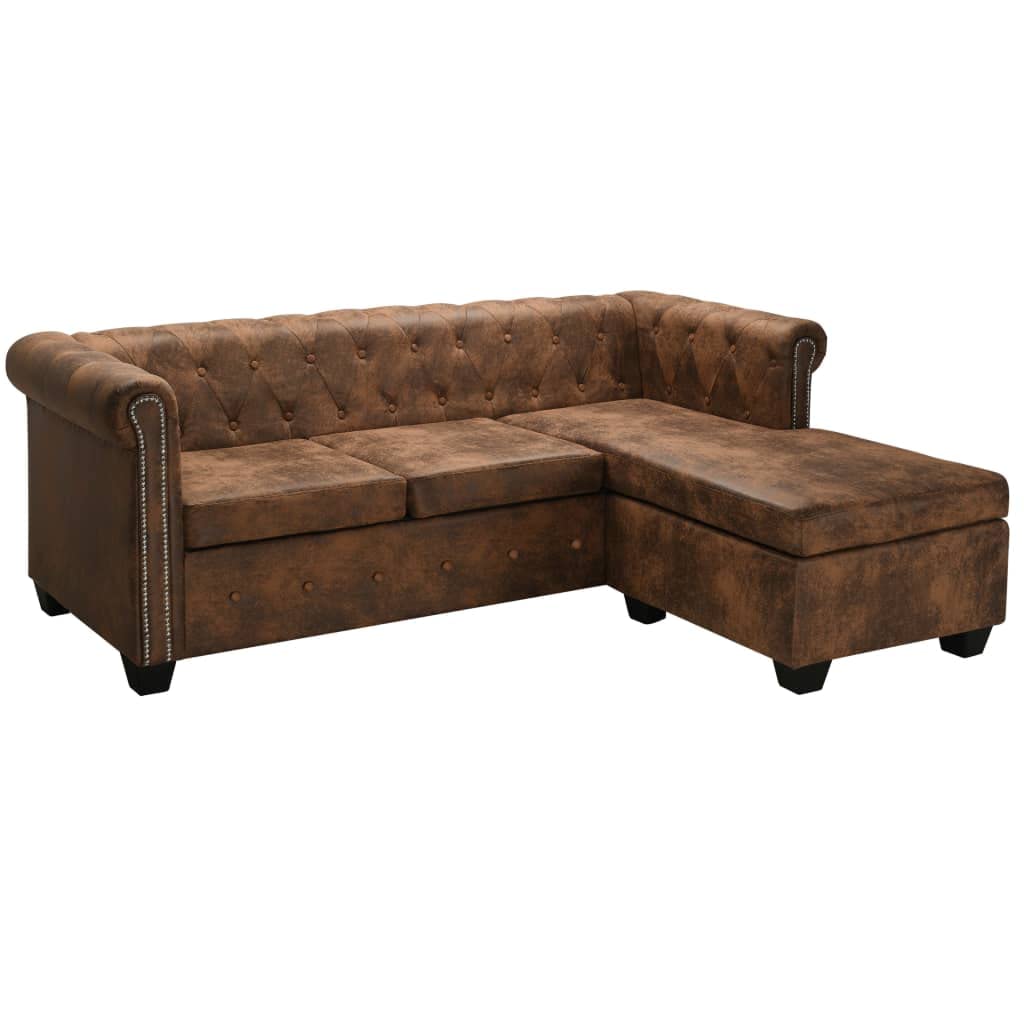 vidaXL L-Shaped Chesterfield Sofa Home Indoor Living Room Office Lounge Couch Chesterfield Sofa Set Furniture Artificial Suede Leather Brown