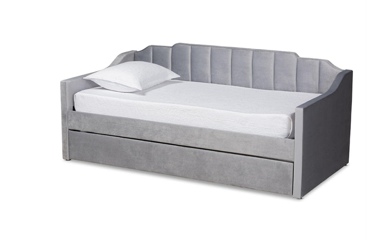 Baxton Studio Lennon Modern and Contemporary Grey Velvet Fabric Upholstered Twin Size Daybed with Trundle