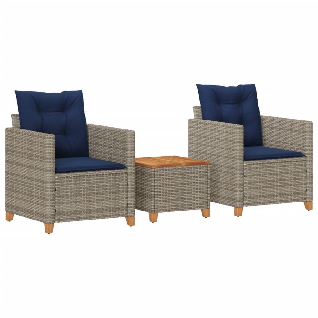 vidaXL Outdoor Bistro Set - Gray Poly Rattan/Acacia Wood - Garden, Patio, Balcony Furniture with Navy Cushions - 3 Piece Set - Comfortable and Weather-Resistant