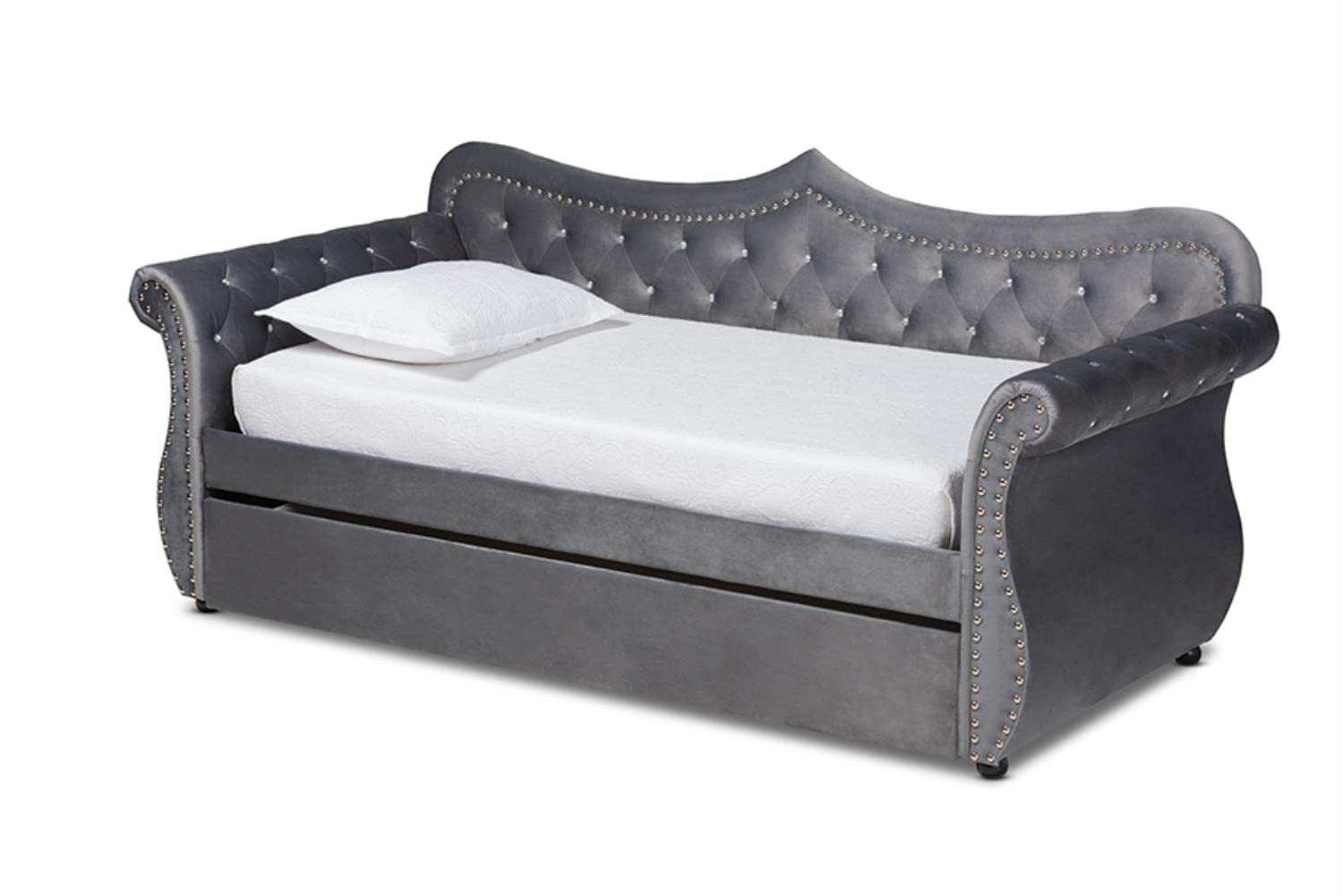 Baxton Studio Abbie Traditional And Transitional Grey Velvet Fabric Upholstered And Crystal Tufted Twin Size Daybed With Trundle