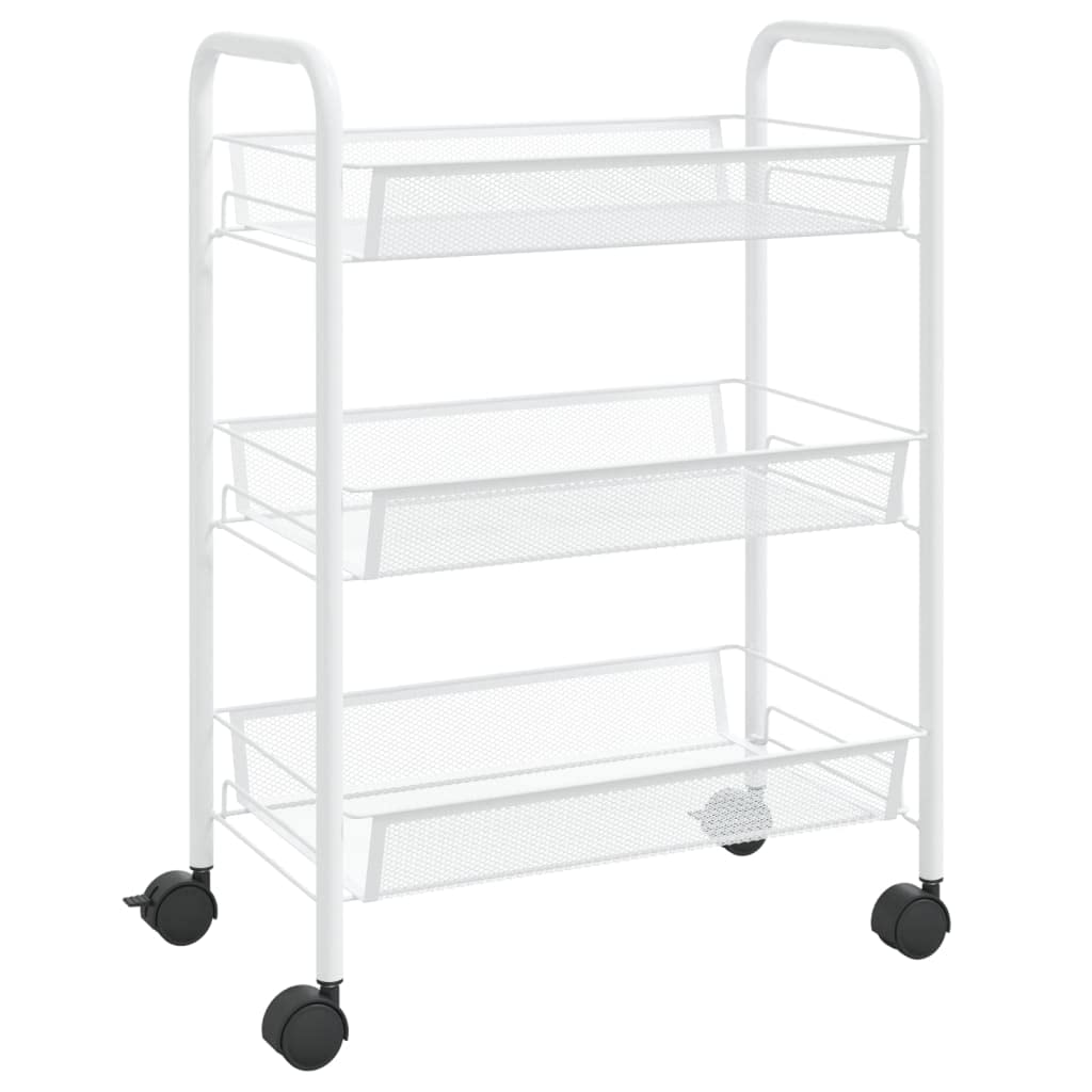 vidaXL 3-Tier Iron Kitchen Trolley in White - Mobile Cart with Removable Mesh Baskets for Kitchen, Bathroom, and Office use