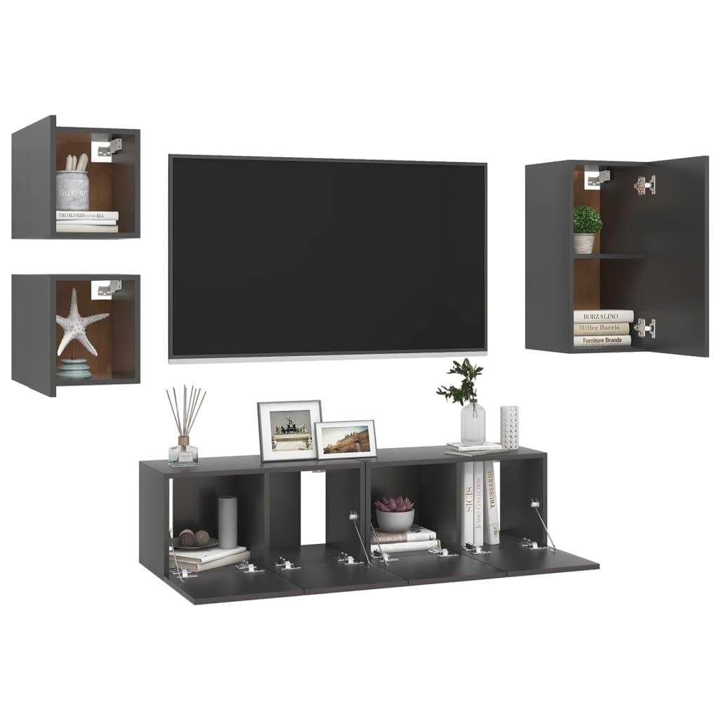 vidaXL TV Cabinet Set 5 Piece Home Indoor Living Room Hanging Wall-Mounted Stereo Plasma HiFi Cabinet TV Stand Unit Furniture Gray Engineered Wood
