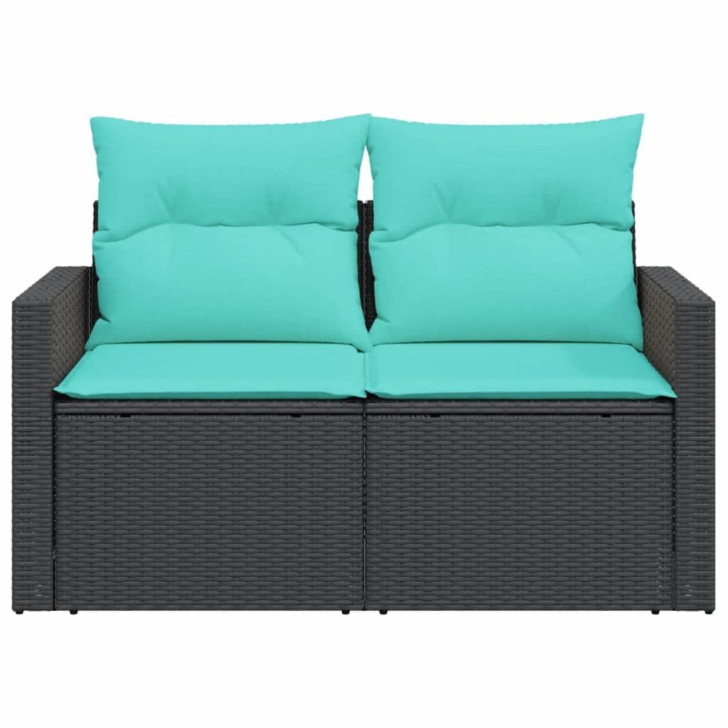 vidaXL Patio Sofa with Cushions - 2-Seater Outdoor Loveseat - Black Poly Rattan - Comfortable, Weather-Resistant, Storage Function