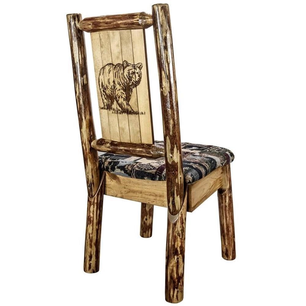Montana Woodworks Glacier Country Collection Side Upholstered Chair, Woodland Pattern with Laser Engraved Bear Design, Stained and Lacquered