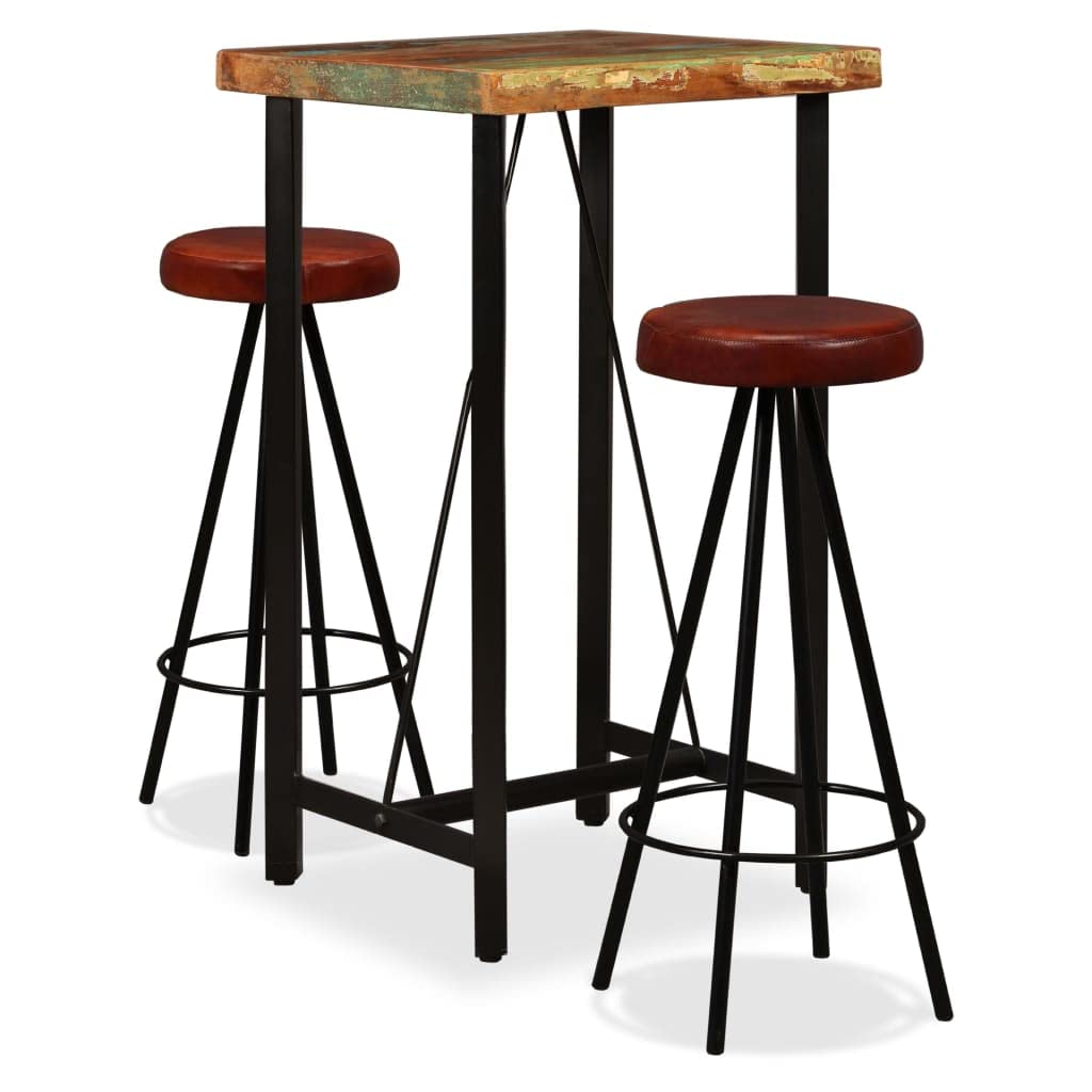 vidaXL Bar Set 3 Piece Heavy Duty Rustic Industrial High Stools Bistro Pub Restaurant Seating Set Solid Reclaimed Wood Genuine Leather Steel