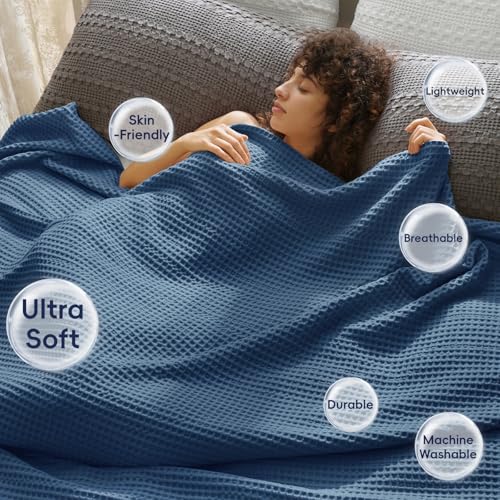 Phf Ultra Soft Waffle Weave Throw Blanket 50'X 60'- Washed Lightweight Breathable Breathable Cozy Woven Blanket - Great For Couch Bed Sofa Home Car - Navy Blue