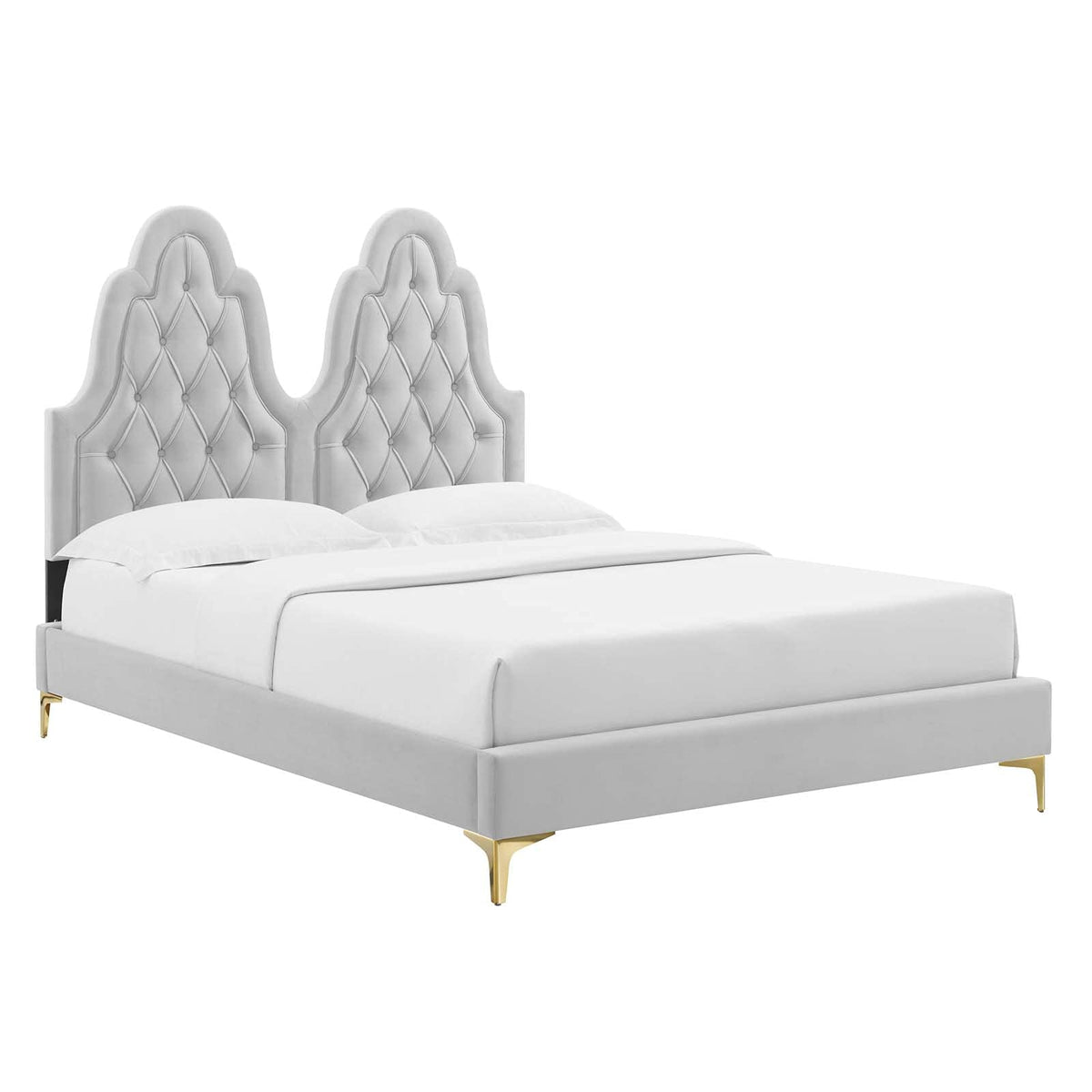 Modway Alexandria Tufted Performance Velvet Platform Bed with Gold Legs, King, Light Gray