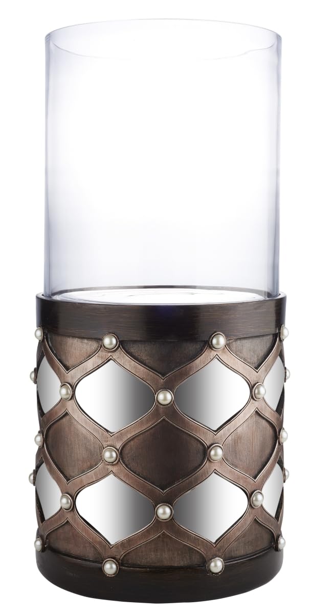 HomeRoots 468842 22 x 11.5 x 11.5 in. Bronze & Silver with Pearls Tabletop Hurricane Candle Holder