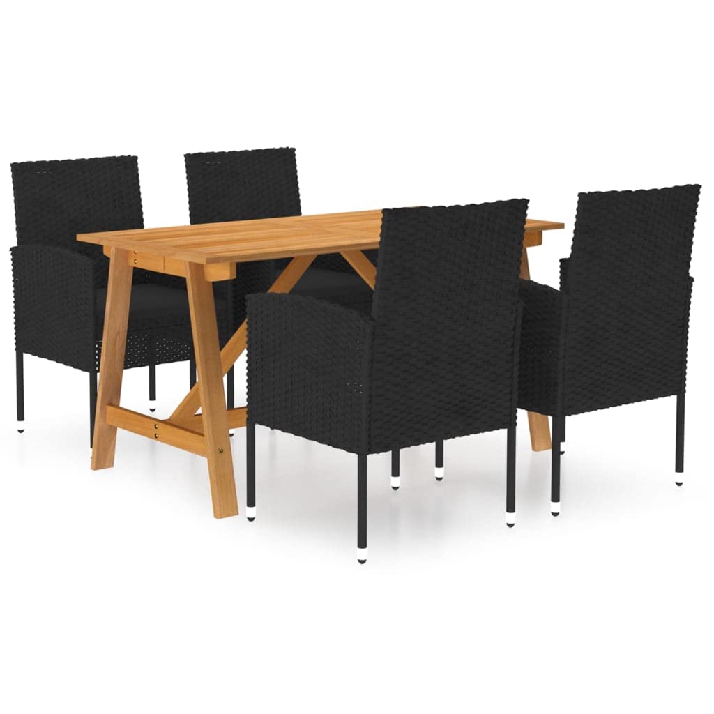 vidaXL 5 Piece Outdoor Patio Dining Set, Black Poly Rattan Chairs with Cushions, Solid Acacia Wood Table, Easy Assembly, Modern Farmhouse Style