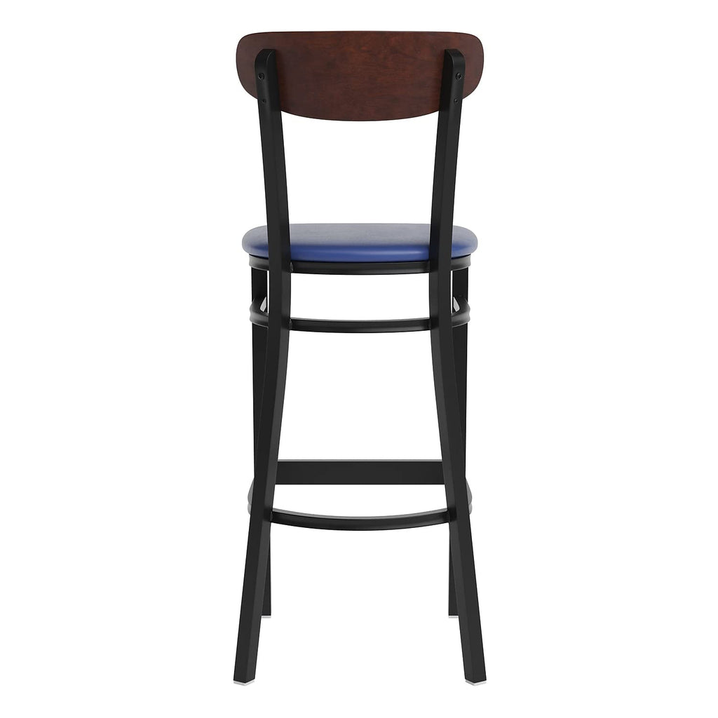 Flash Furniture Wright Commercial Barstool - Walnut Finish Wood Boomerang Back - Blue Vinyl Seat - 500 Lb. Capacity Black Steel Frame - Integrated Footrest