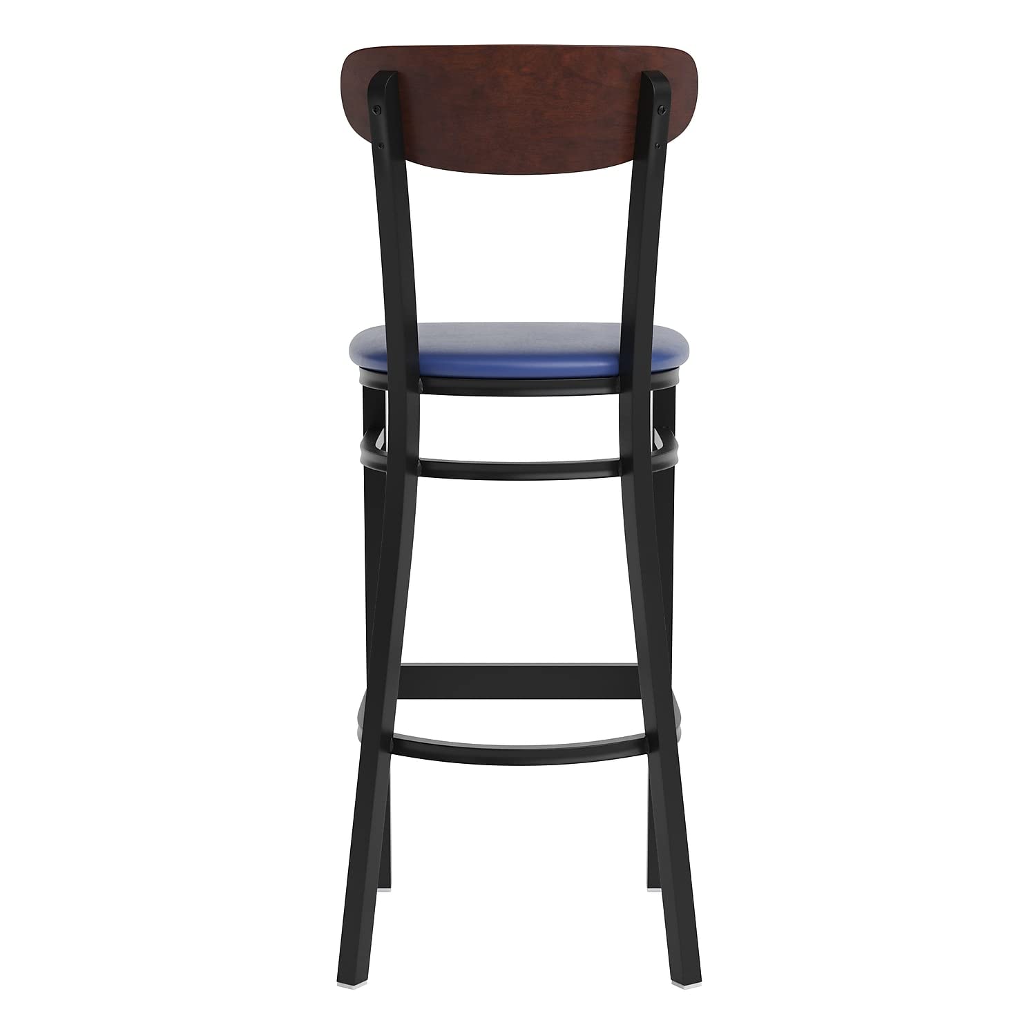 Flash Furniture Wright Commercial Barstool - Walnut Finish Wood Boomerang Back - Blue Vinyl Seat - 500 Lb. Capacity Black Steel Frame - Integrated Footrest