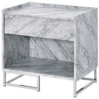 Acme Azrael Faux Marble Nightstand With Metal Base In White And Chrome